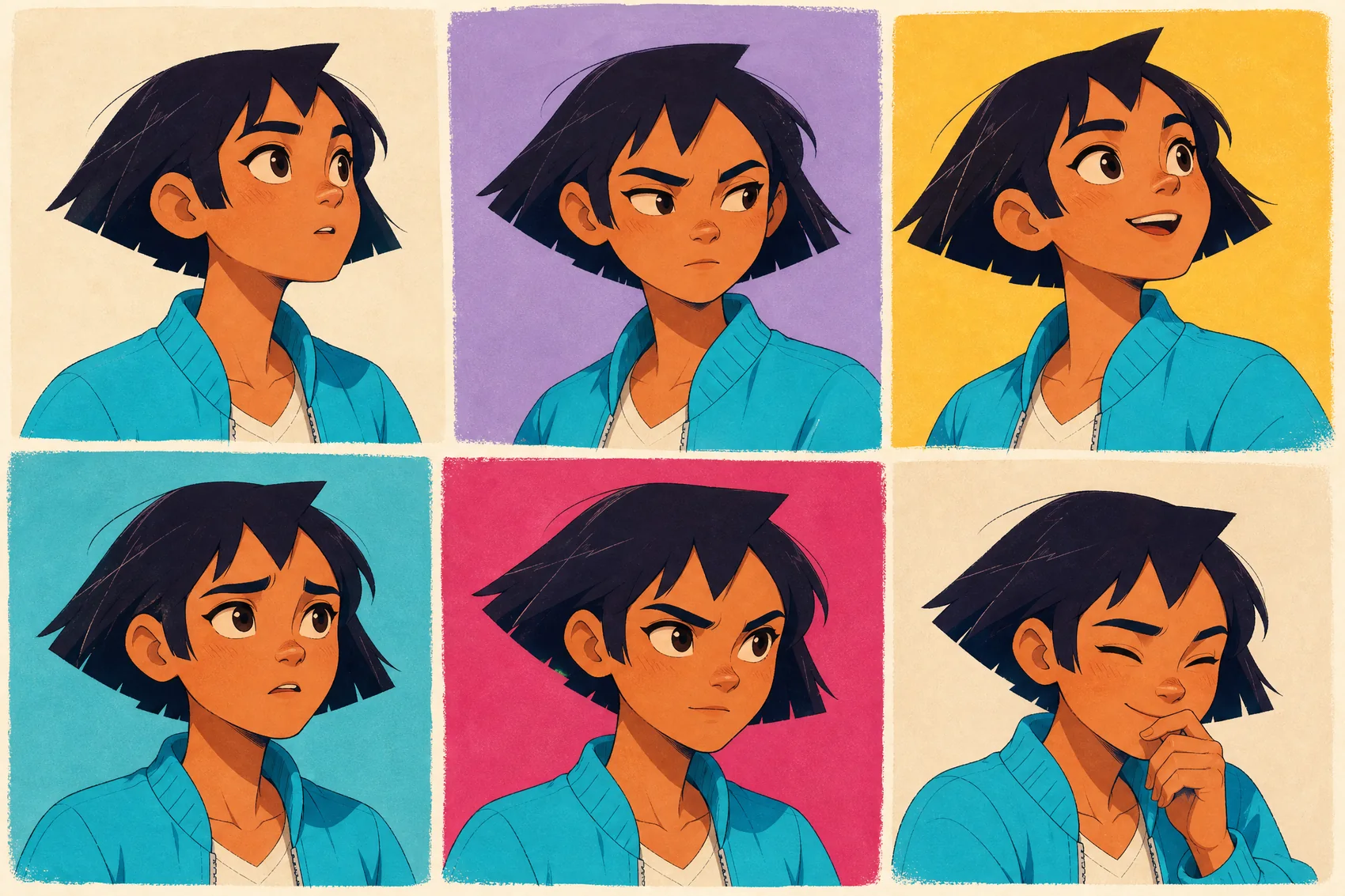 Six expressive studies of the same original animated character