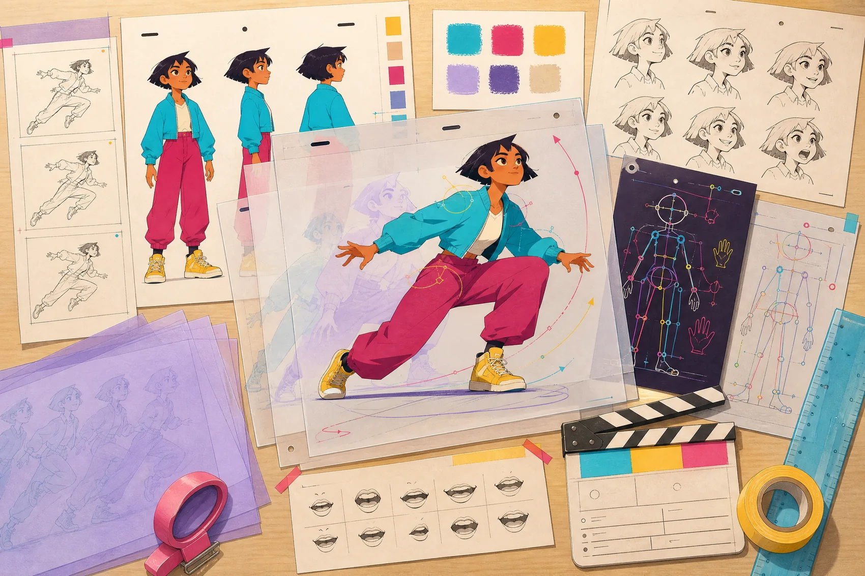 Animation production handoff board with model sheets and pose notes