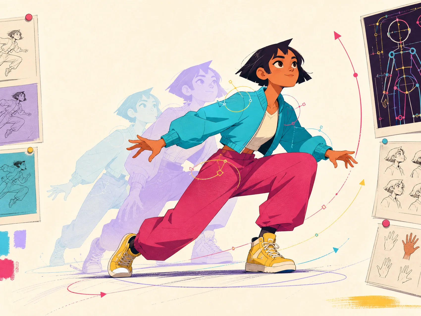 Original animated character shown across a dynamic key pose and onion-skin echoes