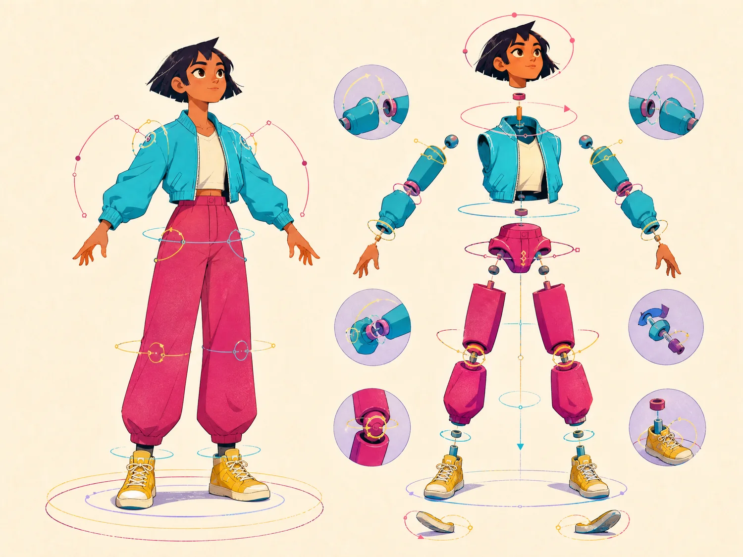 Character rig with body control arcs and deformation zones