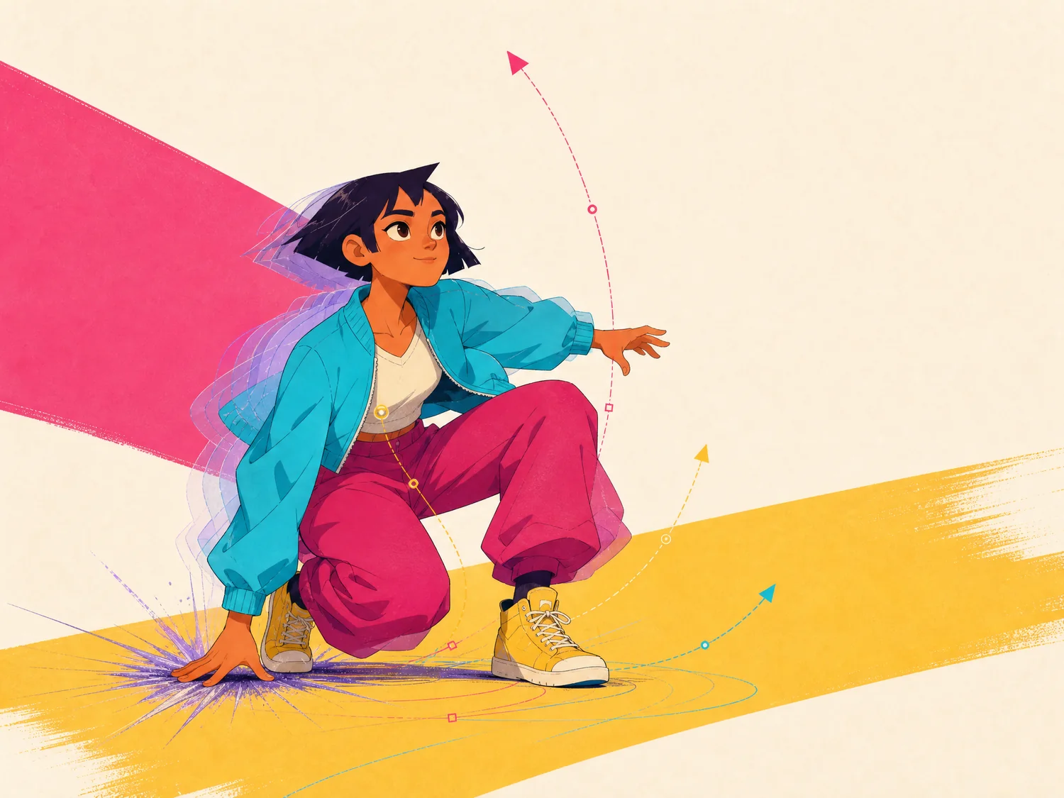 Character landing with controlled hair and clothing overlap