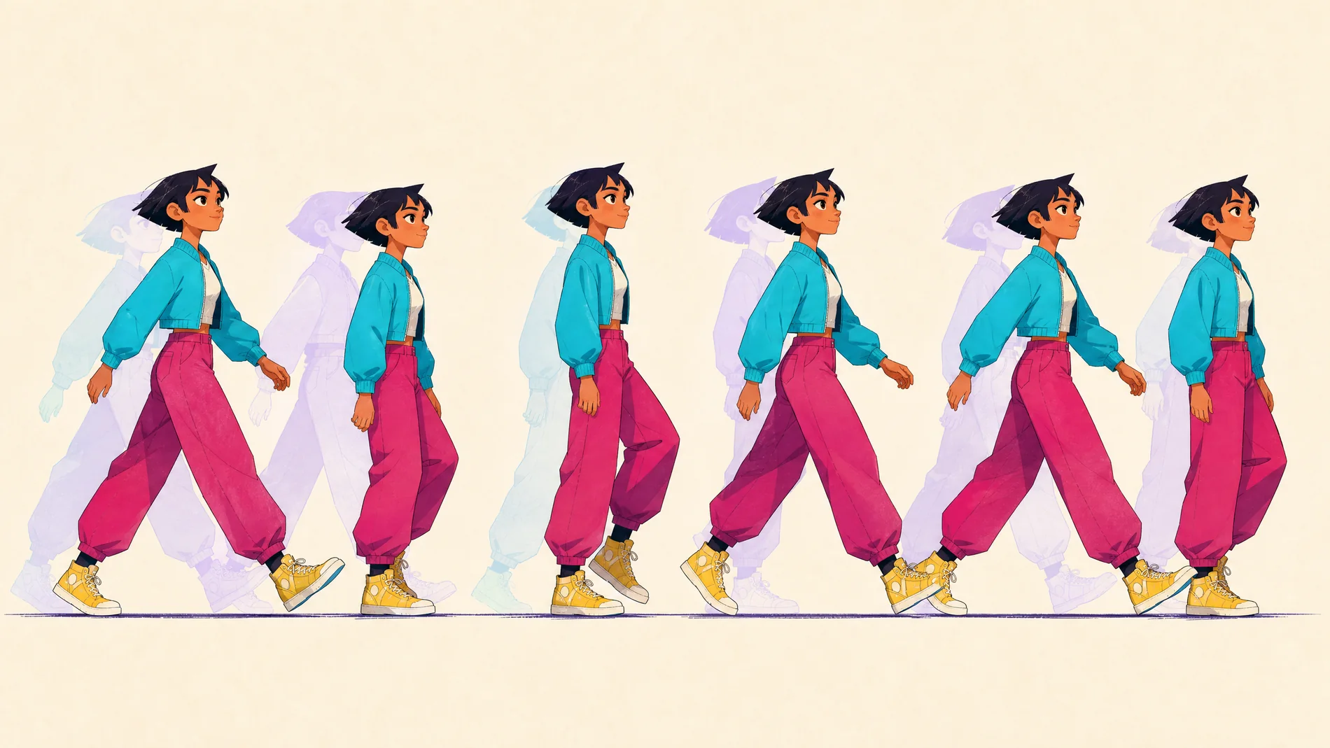 Six-pose walk cycle of the original Wipareqo character